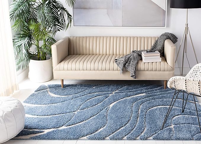 SAFAVIEH Florida Shag Collection Area Rug - 8' x 10', Light Blue & Cream, Non-Shedding & Easy Care, 1.2-inch Thick Ideal for High Traffic Areas in Living Room, Bedroom (SG471-6011)