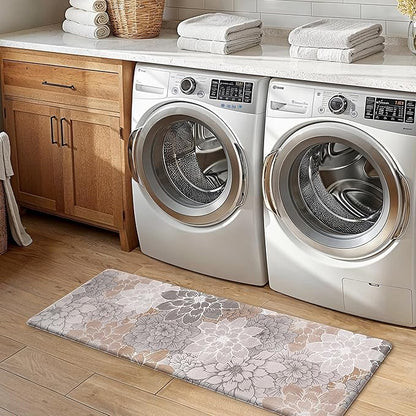 GENIMO Kitchen Mats for Floor, Kitchen Rugs Non Slip Washable Sets of 2, Waterproof Cushioned Anti Fatigue Mat, Floral Runner Rug for Laundry, Sink, Office, Home, 17.3"x47"+17.3"x30", Taupe Grey