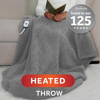 Sunbeam Royal Sherpa Foot Pocket Heated Throw Electric Blanket, 50" x 60", 4 Heat Settings, 4-Hour Auto Shut-Off, Warming Throw for Couch or Bed, Fast Heating, Machine Washable, Grey