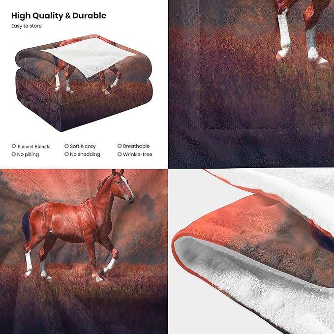 Sunset Horse Throw Blanket for Couch, Super Soft Fuzzy Throws Warm Comfortable Plush Fleece Blanket, Fashion Decorative Flannel Fleece Blanket for All Season(50 x 60 in, Horse & Sunset)