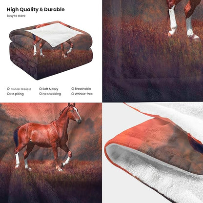 Sunset Horse Throw Blanket for Couch, Super Soft Fuzzy Throws Warm Comfortable Plush Fleece Blanket, Fashion Decorative Flannel Fleece Blanket for All Season(50 x 60 in, Horse & Sunset)