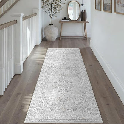 Grey 2x6 Runner Rug Washable Vintage Long Carpet for Hallway Kitchen Soft Retro Floral Low Pile Indoor Runner Non Slip Central Medallion Throw Rug for Bathroom Bedroom Laundry Dining Room