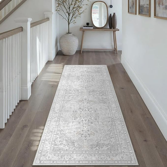 Grey 2x6 Runner Rug Washable Vintage Long Carpet for Hallway Kitchen Soft Retro Floral Low Pile Indoor Runner Non Slip Central Medallion Throw Rug for Bathroom Bedroom Laundry Dining Room