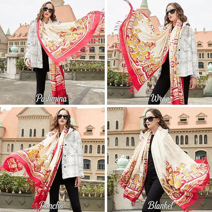 DANA XU 100% Merino Wool Pashmina Shawl for Women 96"x43", Oversized Cashmere Wrap with Tassels, Floral Travel Blanket Cape