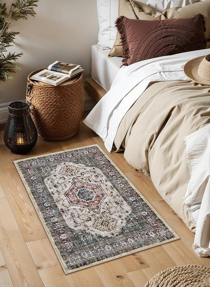 Lahome Oriental Small Rugs for Entryway, 2x3 Rug Non Slip Washable Door Mat Indoor Entrance Ultra-Thin Vintage Soft Carpet for Kitchen Bedroom Front Door Bathroom, Brown/Grey