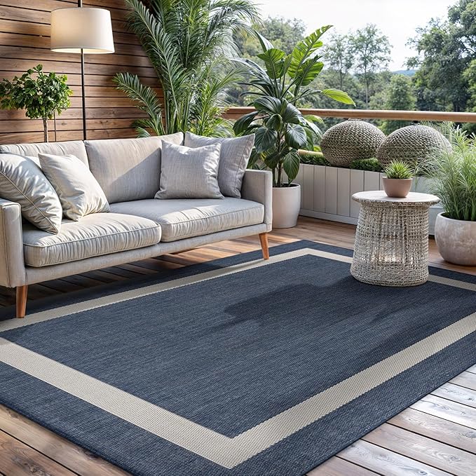 CAMILSON Outdoor Rug 5x7, Modern Outside Rugs for Patios Porches Waterproof Durable Washable Non-Shedding, Easy-to-Clean Indoor Outdoor Area Carpet (5 x 7, Bordered - Blue/White)