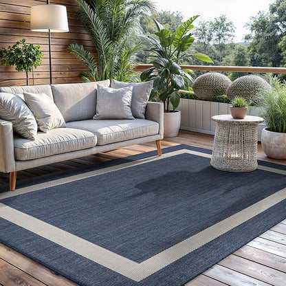 CAMILSON Outdoor Rug 5x7, Modern Outside Rugs for Patios Porches Waterproof Durable Washable Non-Shedding, Easy-to-Clean Indoor Outdoor Area Carpet (5 x 7, Bordered - Blue/White)