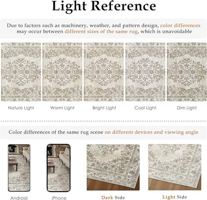 3x4 Area Rug Beige Washable Office Vintage Distressed Carpet Bedroom Indoor Neutral Medallion Floral Living Room Non Slip Retro Throw Floor Mat for Dining Room Kitchen Bathroom