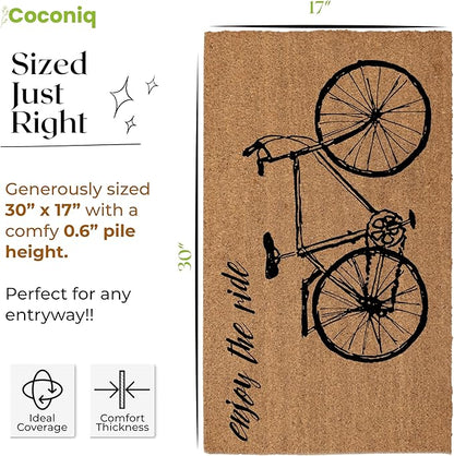 Coir Door Mats 17" X 30", Non-Slip Sturdy, PVC Backed Heavy Duty, Easy to Clean, Ideal for Door Entrance, Patio, Porch, Backyard, Garages, Enjoy The Ride Vintage Bicycle