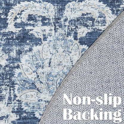 jinchan Fiora Round Rug 6ft Area Rugs Vintage Floral Distressed Design - Machine Washable Non-Slip Low-Pile Ultra-Thin Circle Rug for Entryway Bedside Living Room Bedroom (6' Round, Dark Blue)
