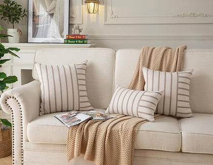 Caflife Boho Throw Pillow Covers 20x20 Set of 2 Soft Farmhouse Decorative Couch Pillow Cases Beige Striped Pillow Covers Neutral Cushion Covers for Sofa Bed Living Room Home Decor