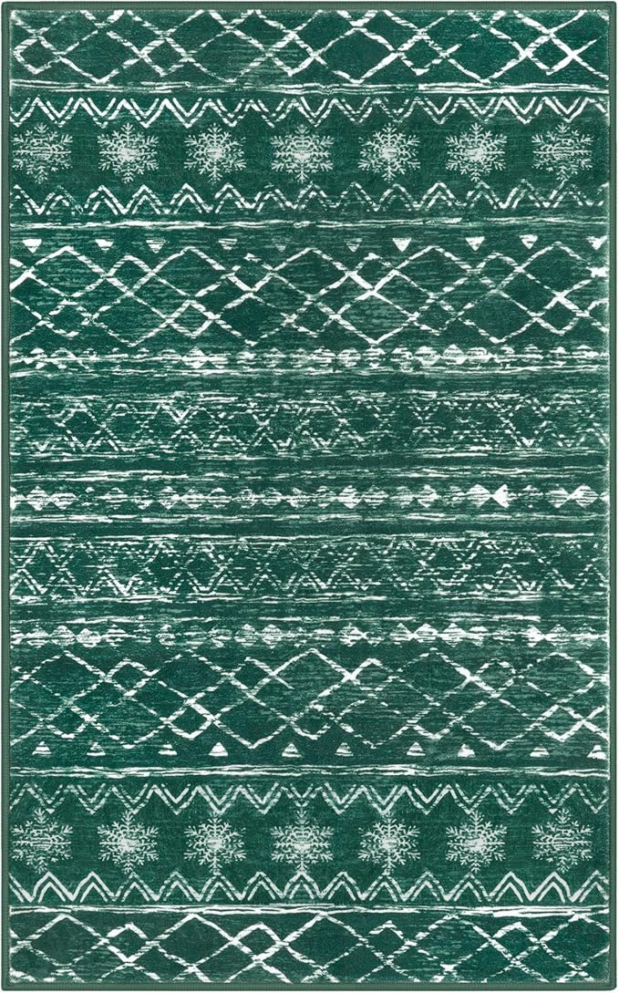KUTA Christmas Rugs for Entryway, Green 2x3 Entrance Small Area Rug Non-Slip Washable, Ultra Soft Vintage Geometric Low-Pile Indoor Door Mat Floor Carpet for Kitchen