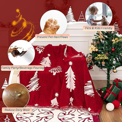 MYSKY HOME 71X134 inches Sofa Christmas Couch Cover, Sectional Sofa Covers Sofa Slipcover for 3 Cushion Couch, L Shape Couch Covers for Dogs, Kids, Washable Sofa Blanket, Furniture Protector, Red