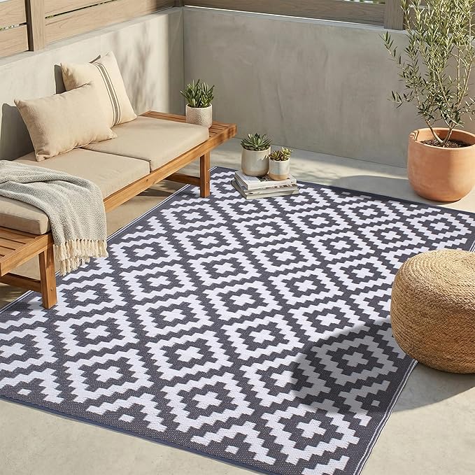 FH Home Outdoor Rug - Waterproof, Fade Resistant, Reversible - Premium Recycled Plastic - Geometric - Large Patio, Deck, Sunroom, Camping, RV - Aztec - Gray & White Crease Free - 6 x 9 ft
