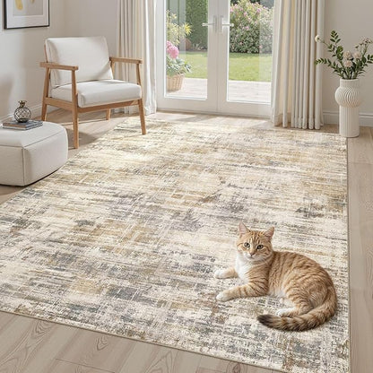 Area Rug for Living Room: 4x6 Washable Neutral Abstract Modern Soft Rugs Non Slip Indoor Floor Stain Resistant Carpet for Bedroom Dining Room Office Nursery - Golden Brown