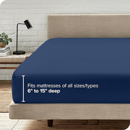 Bare Home Fitted Bottom Sheet Queen - Premium 1800 Microfiber - Ultra-Soft Wrinkle Free - Deep Pocket - Fitted Sheet (Queen, Dark Blue)
