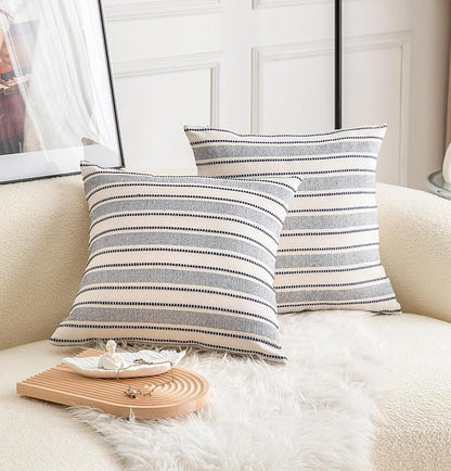 Decorative Boho Throw Pillow Covers, Farmhouse Textured Pillow Case, 20 x 20 Inch Set of 2, Chair Sofa Bedroom Living Room Decor Couch Cushion Case, Navy Blue and Beige Striped