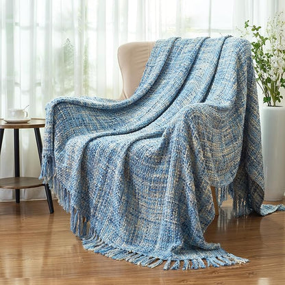 Multi-Color Light Blue Cable Knitted Throw Blanket for Couch,50"X60" Boho Style Textured Blankets for Home Decor,Super Soft Warm Cozy Chunky Knit Blanket with Decorative Tassels for Bed