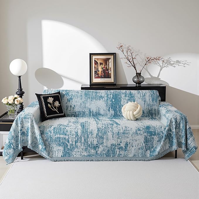 MEETSKY Boho Sofa Cover Sofa Slipcover Thick Chenille Blue Couch Cover for 3-4 Cushion Couch Sofa Reversible Universal Couch Cushion Cover XXL Sofa Protector for Dog Cat, 91"x150"