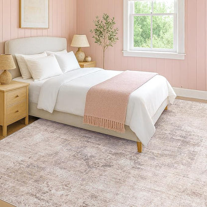 Pink and Grey Living Room Rug 8x10 - Modern Distressed Medallion Area Rug for Dining Room Under Table, Bedroom, Washable Non Slip High Traffic Low Pile Thin Floor Carpet