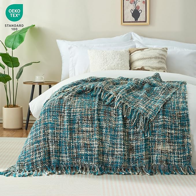 Multi-Color Teal Cable Knitted Throw Blanket for Couch,50"X60" Boho Style Textured Blankets for Home Decor,Super Soft Warm Cozy Chunky Knit Blanket with Decorative Tassels for Bed and Sofa