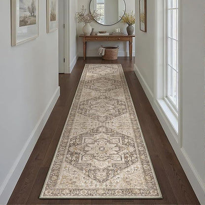 Taupe Brown Hallway Runner Rug 3x8 Vintage Washable Distressed Area Carpet Kitchen Indoor Non Slip Long Traditional Medallion Retro Accent Throw Rug for Bedroom Laundry Dining Living Room