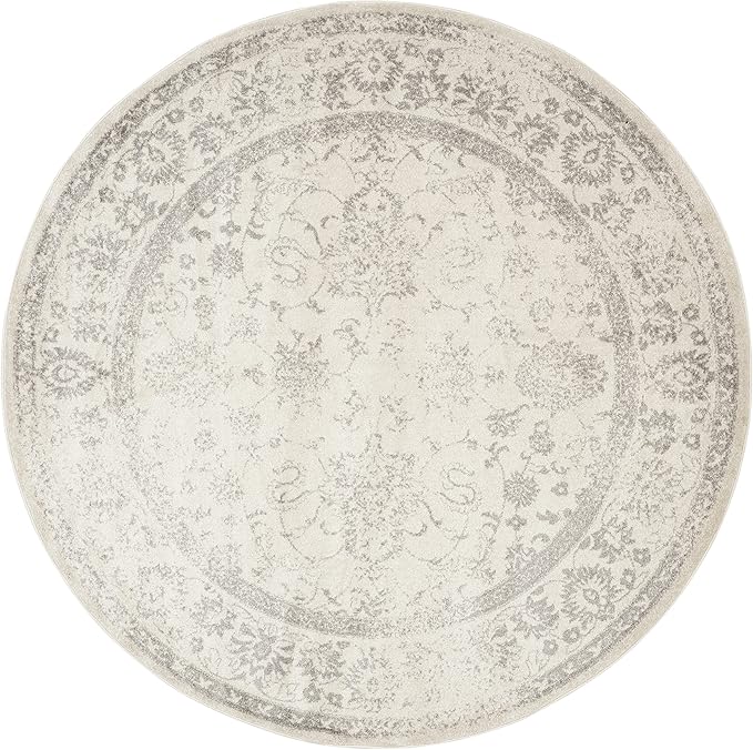 SAFAVIEH Adirondack Collection Area Rug - 9' Round, Ivory & Silver, Distressed Vintage Floral Design, Non-Shedding & Easy to Clean, Ideal for Living Room, Bedroom, Dining Space (ADR109C)