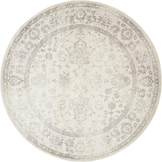 SAFAVIEH Adirondack Collection Area Rug - 10' Round, Ivory & Silver, Distressed Vintage Floral Design, Non-Shedding & Easy to Clean, Ideal for Living Room, Bedroom, Dining Space (ADR109C)