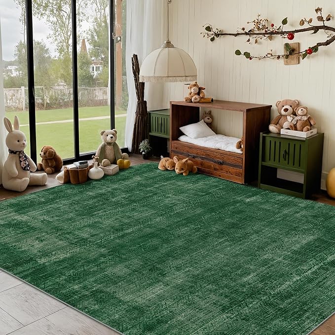 Kokia Abstract Area Rugs 8x10 Bedroom Soft Living Room Rugs Washable Distressed Vintage Comfy Carpet with Non-Slip Backing for Farmhouse Home Office Room Decor, Green Rug, Oslo Jungle