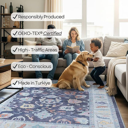 Fame Rugs Navy Blue Modern Oushak Rug 9x12, Vintage Turkish Colorful Oriental Washable Antique Inspired Oversize Area Rugs, Luxury Living Room Bedroom (386PBL, 9' x 12) (388NB, 9' x 12)