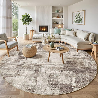 Abstract Living Room Rug 9x9 - Modern Washable Soft Thin Area Rug for Living Room Bedroom Under Dining Table - Neutral Indoor Floor Rug Carpets for Home Office Playroom Nursery - Brown