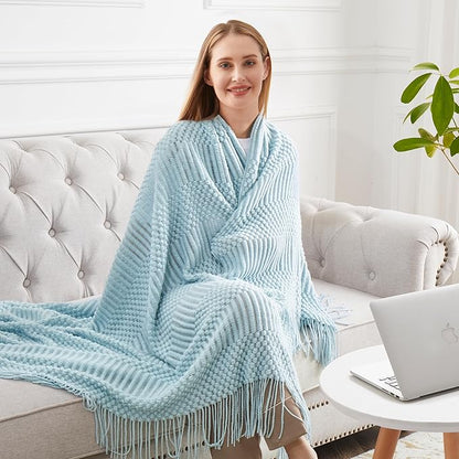 Light Blue Knitted Decorative Ball Throw Blankets for Couch, Bedroom and Officeroom,Textured Fade Resistant Soft and Warm Knit Blanket with Tassel,50"x60"