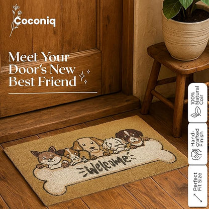 Coir Door Mats 17" X 30", Non-Slip Sturdy, PVC Backed Heavy Duty, Easy to Clean, Ideal for Door Entrance, Patio, Porch, Backyard, Garages, 5 Welcoming Puppies
