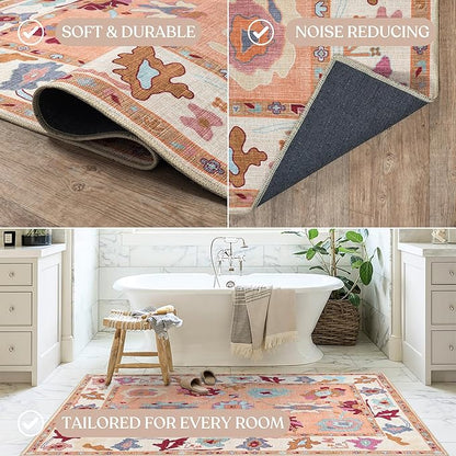 Fame Living Orange Oushak Rug, Modern Small Rugs, Vintage, Turkish, Eclectic, Floral, Pastel, Washable, Door mat, Doormat for Indoor Entrance, Entryway, Kitchen, Bathroom, Bedroom, Laundry, 2'x3'