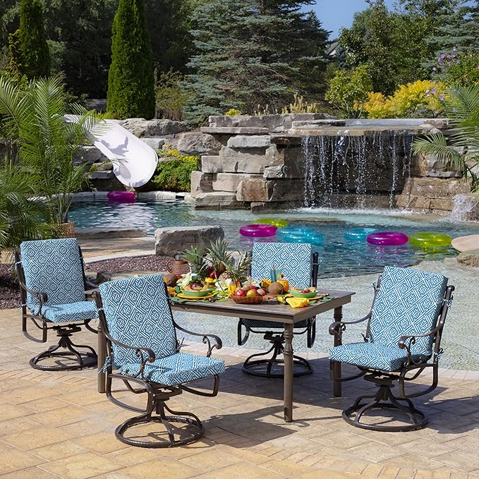 Arden Outdoor Midback Chair Cushion, 18 x 16.5, Rain-Proof, Fade Resistant Amalfi Blue Tile