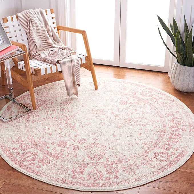 SAFAVIEH Adirondack Collection Area Rug - 5' Round, Ivory & Rose, Distressed Vintage Floral Design, Non-Shedding & Easy to Clean, Ideal for Living Room, Bedroom, Dining Space (ADR109H)