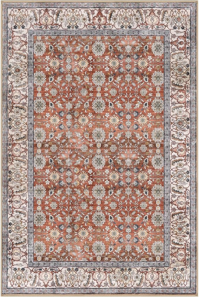 KUTA 5x7 Area Rugs, Vintage Terracotta Washable Rugs for Living Room Ultra Thin Soft Non-Slip Printed Distressed Tribal Traditional Farmhouse Carpet for Bedroom Dining Room Dorm Office Home
