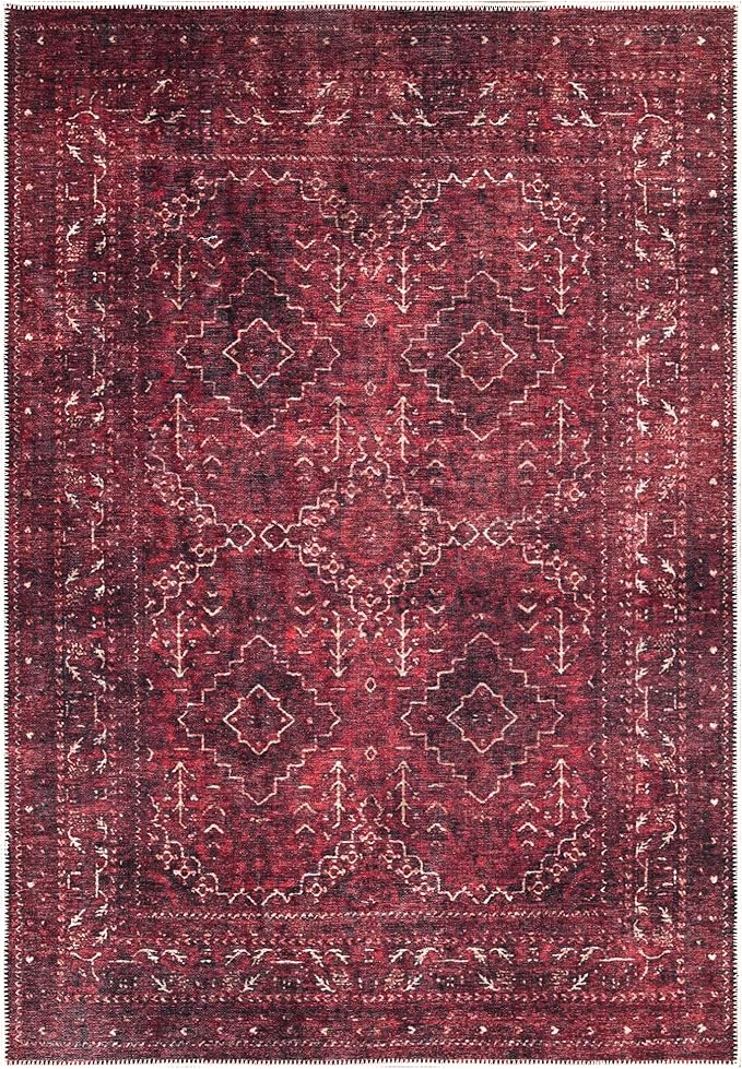 Bloom Rugs Washable Non-Slip 9' x 12' Rug - Dark Red Traditional Bordered Area Rug for Living Room, Bedroom, Dining Room, and Kitchen - Exact Size: 9' x 12'