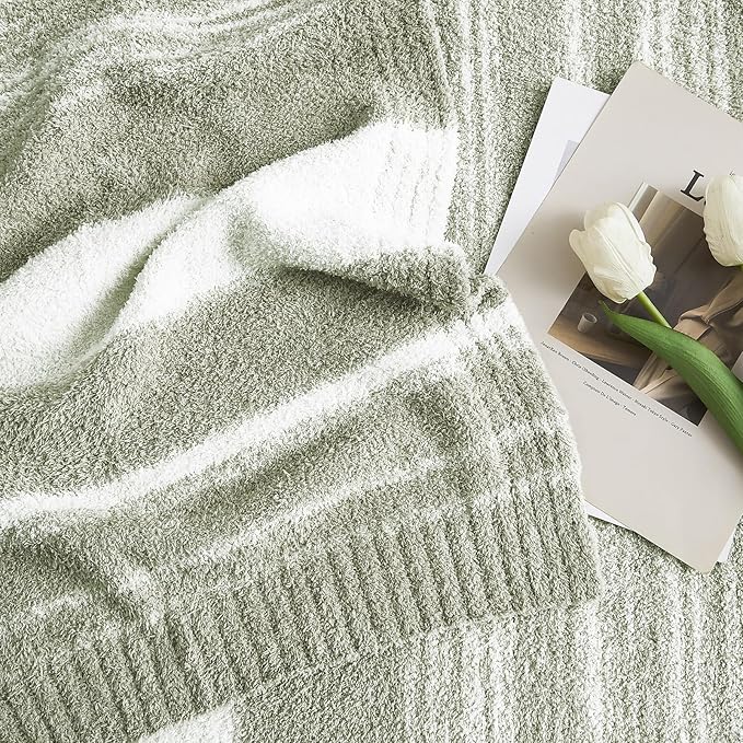 WRENGONGE Sage Green Throw Blanket, 60x80 Soft Cozy Striped Throw Blankets for Couch, Sofa, Bed, Travel, Lightweight Fluffy Warm Plush Decorative Blankets for Women, Men,Kids