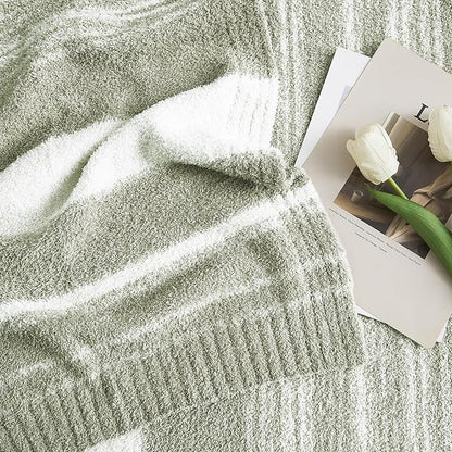 WRENGONGE Sage Green Throw Blanket, 60x80 Soft Cozy Striped Throw Blankets for Couch, Sofa, Bed, Travel, Lightweight Fluffy Warm Plush Decorative Blankets for Women, Men,Kids