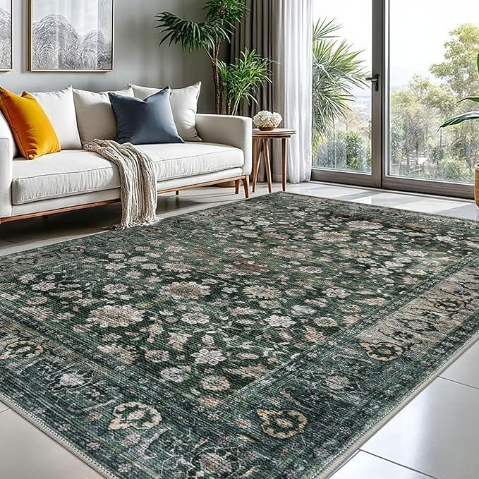 KUTA Vintage 8x10 Area Rugs for Living Room, Washable Large Rug for Bedroom 8ft x 10ft Non-Slip, Dark Green Ultra Thin Soft Printed Traditional Floral Medallion Distressed Dining Room Low-Pile Carpet
