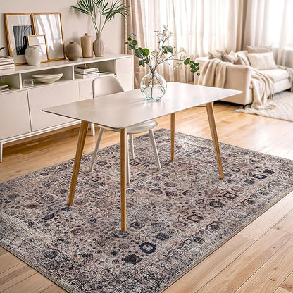 Bloom Rugs Washable Non-Slip 5' x 7' Rug - Light Tan/Blue Traditional Oriental Area Rug for Living Room, Bedroom, Dining Room, and Kitchen - Exact Size: 5' x 7'