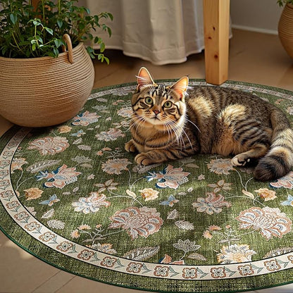jinchan Elora 6ft Floral Round Rug for Washable Living Room Rug Vintage Romance Christmas Design Non Slip Indoor Floor Cover Lightweight Low-Profile Throw Carpet for Bedroom Porch Patio, Green
