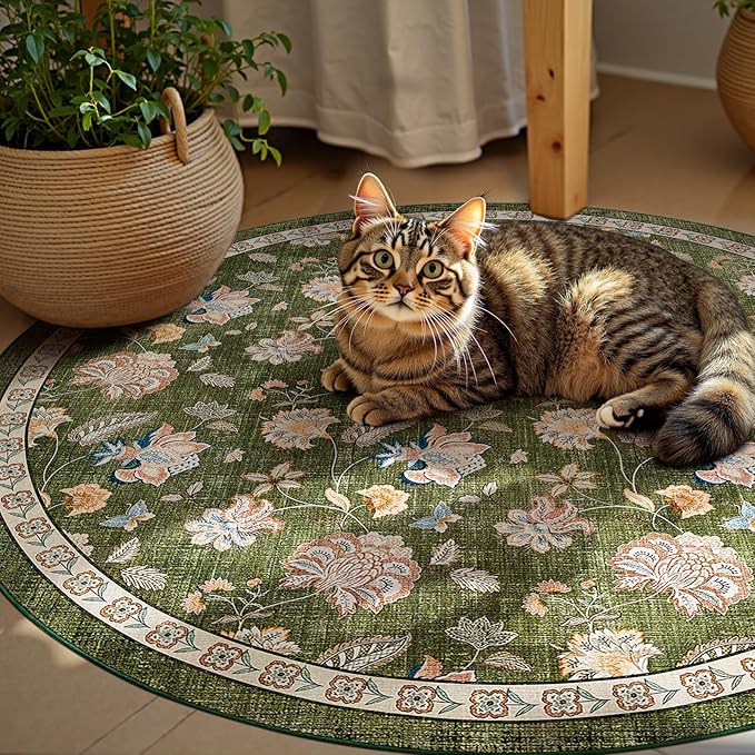 jinchan Elora 5ft Floral Round Rug for Entryway Washable Rug Vintage Romance Christmas Design Non Slip Indoor Doormat Lightweight Low-Profile Throw Carpet for Living Room Dining Room Bedroom, Green