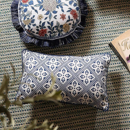 patdrea Designer Throw Pillow Covers,Chinoiserie Blue Elegant Linen with Striped Floral Pattern Pillow Cover,Decorative Lumbar Pillowcases Cushion for Bed Living Room Outdoor Car,12"x20"