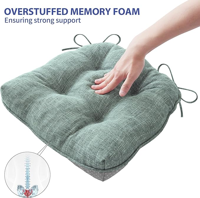 Chair Cushions for Dining Chairs Set of 4, Kitchen Chair Cushions, Chair Pads with Ties Non Slip Backing, Christmas Room Decor, Tufted Memory Foam Seat Cushion 4 Pack, 18"x18"x4", Sage Green