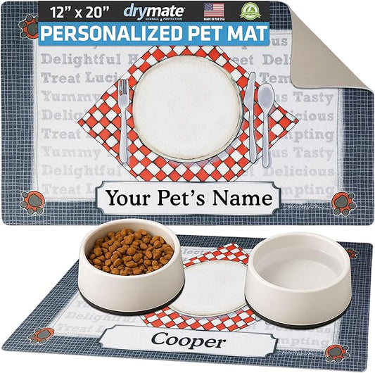 Drymate Personalized Pet Bowl Placemat, Custom Dog & Cat Food Feeding Mat - Absorbent Fabric, Waterproof Backing - Machine Washable/Durable (USA Made) (12" x 20") (Dinner Plate)