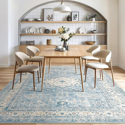 Vintage Living Room Area Rug 8x10 - Large Soft Washable Oriental Traditional Distressed Farmhouse Rugs for Bedroom - Indoor Floor Accent Carpet for Home Office House Decor - Blue