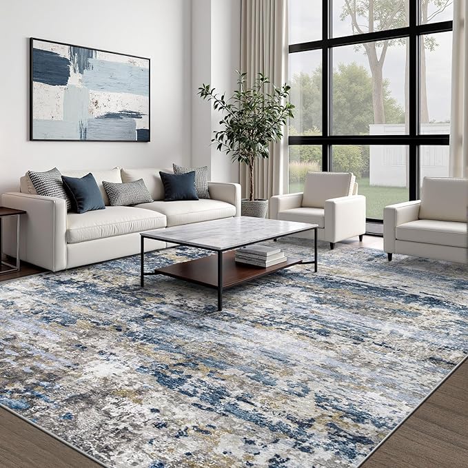 Area Rugs 9x12 for Living Room: Washable Rug Modern Abstract Neutral Soft Non-Slip Low-Pile Indoor Large Carpet for Bedroom Dining Room Playroom Home Office (Blue Grey Brown, 9'x12')