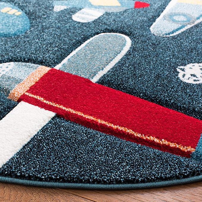 SAFAVIEH Carousel Kids Collection 5'3" Round Navy/Ivory CRK167N Airplane Nursery Playroom Area Rug